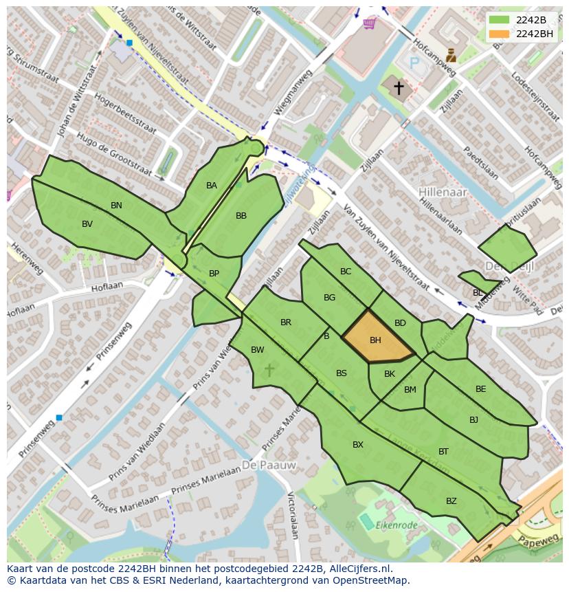 Afbeelding van het postcodegebied 2242 BH op de kaart.