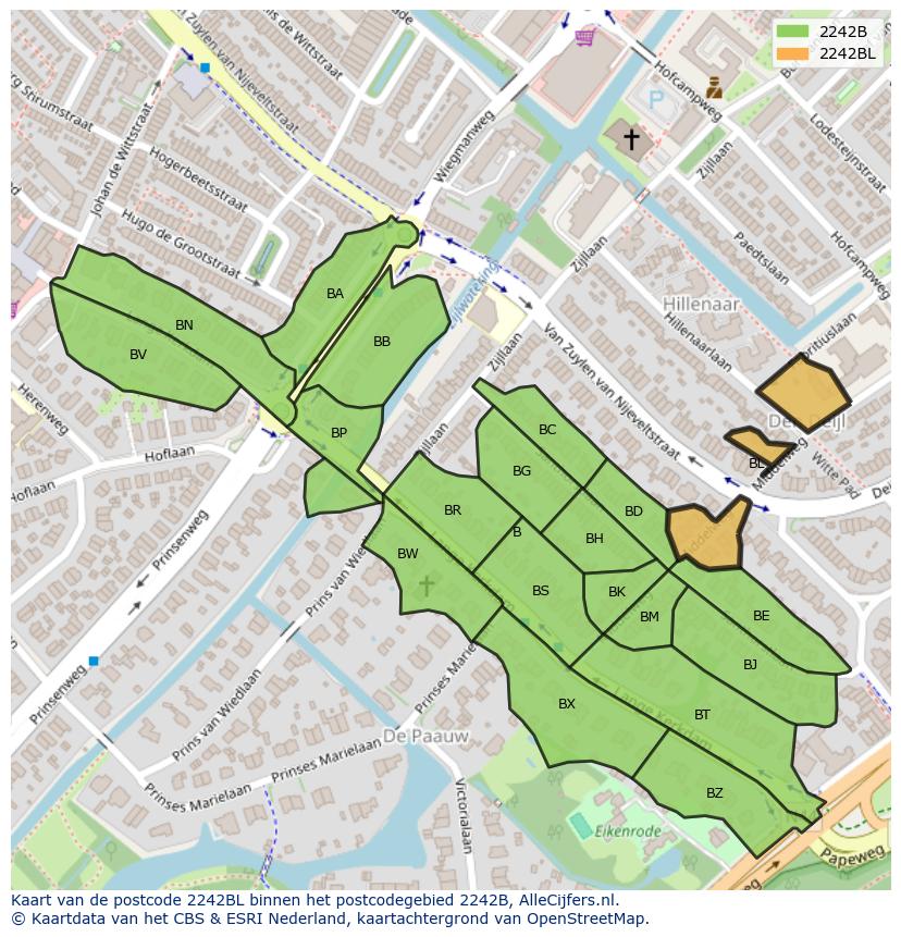 Afbeelding van het postcodegebied 2242 BL op de kaart.