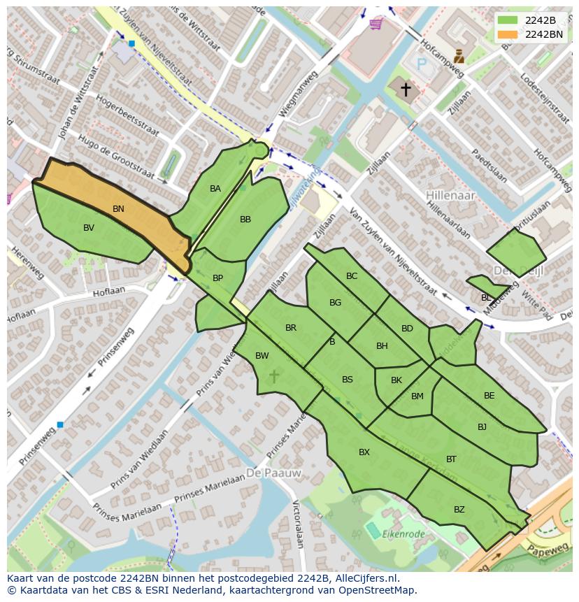 Afbeelding van het postcodegebied 2242 BN op de kaart.