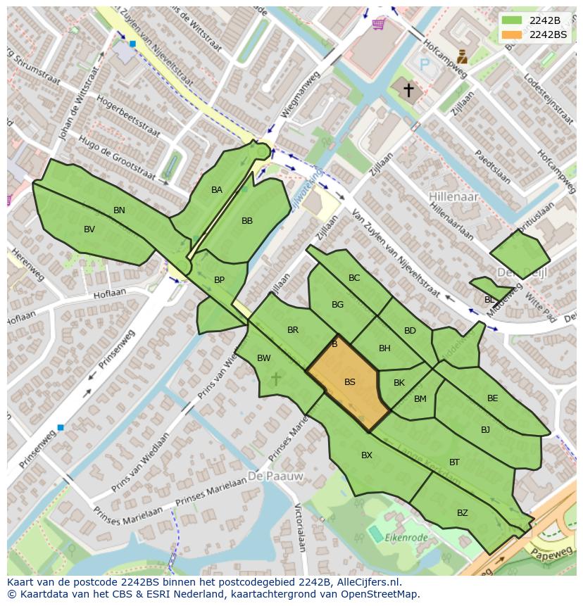 Afbeelding van het postcodegebied 2242 BS op de kaart.