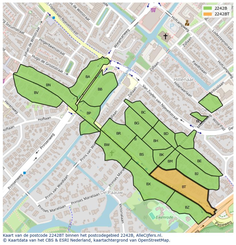 Afbeelding van het postcodegebied 2242 BT op de kaart.