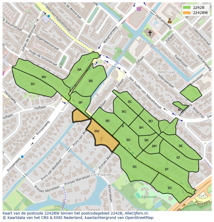 Afbeelding van het postcodegebied 2242 BW op de kaart.