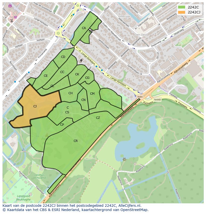 Afbeelding van het postcodegebied 2242 CJ op de kaart.
