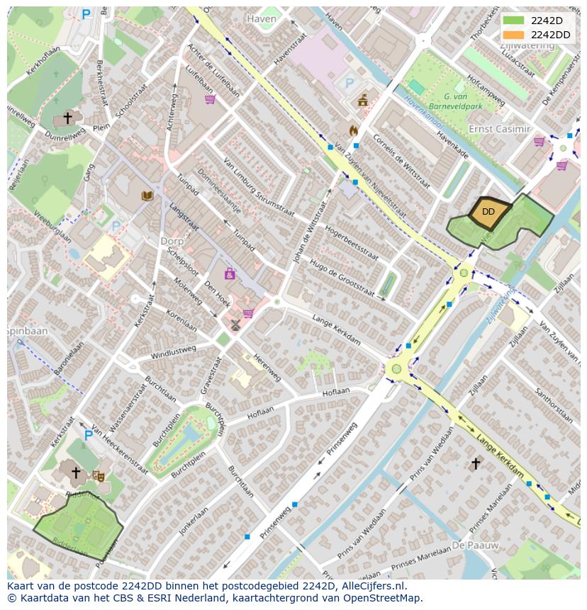 Afbeelding van het postcodegebied 2242 DD op de kaart.