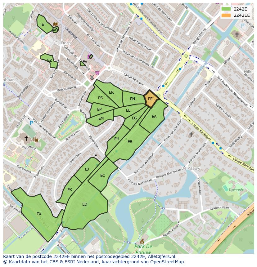 Afbeelding van het postcodegebied 2242 EE op de kaart.