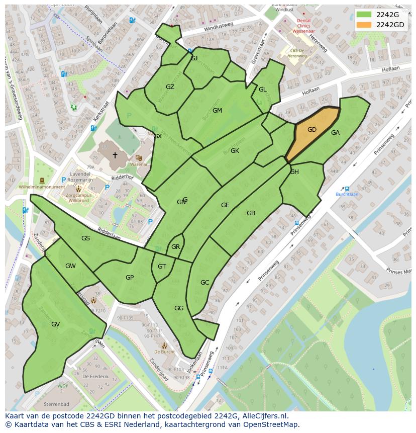 Afbeelding van het postcodegebied 2242 GD op de kaart.