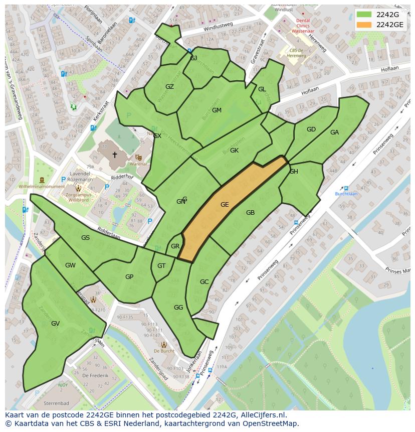 Afbeelding van het postcodegebied 2242 GE op de kaart.