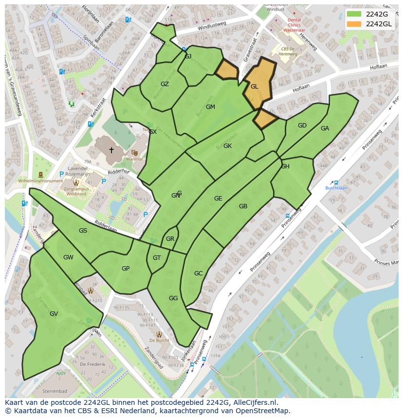 Afbeelding van het postcodegebied 2242 GL op de kaart.