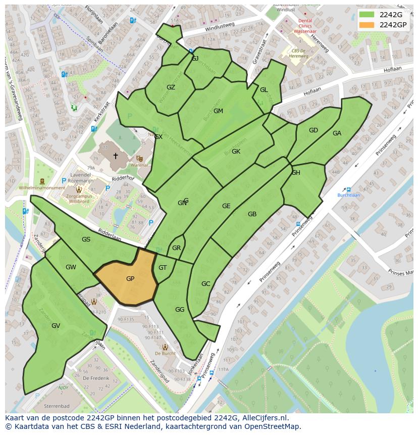 Afbeelding van het postcodegebied 2242 GP op de kaart.