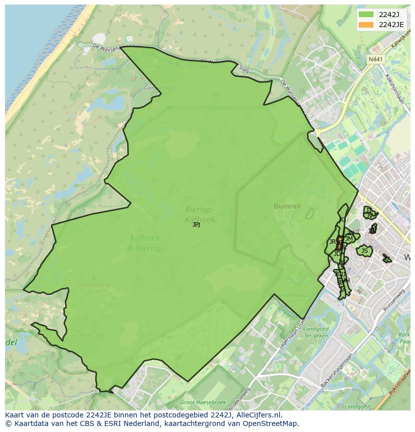 Afbeelding van het postcodegebied 2242 JE op de kaart.