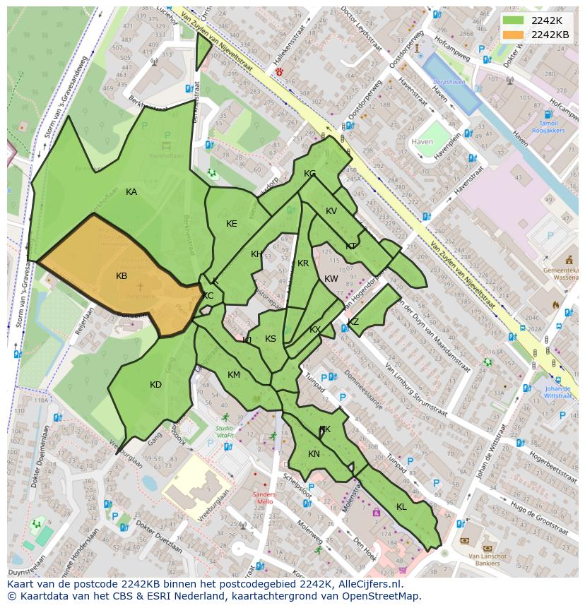 Afbeelding van het postcodegebied 2242 KB op de kaart.
