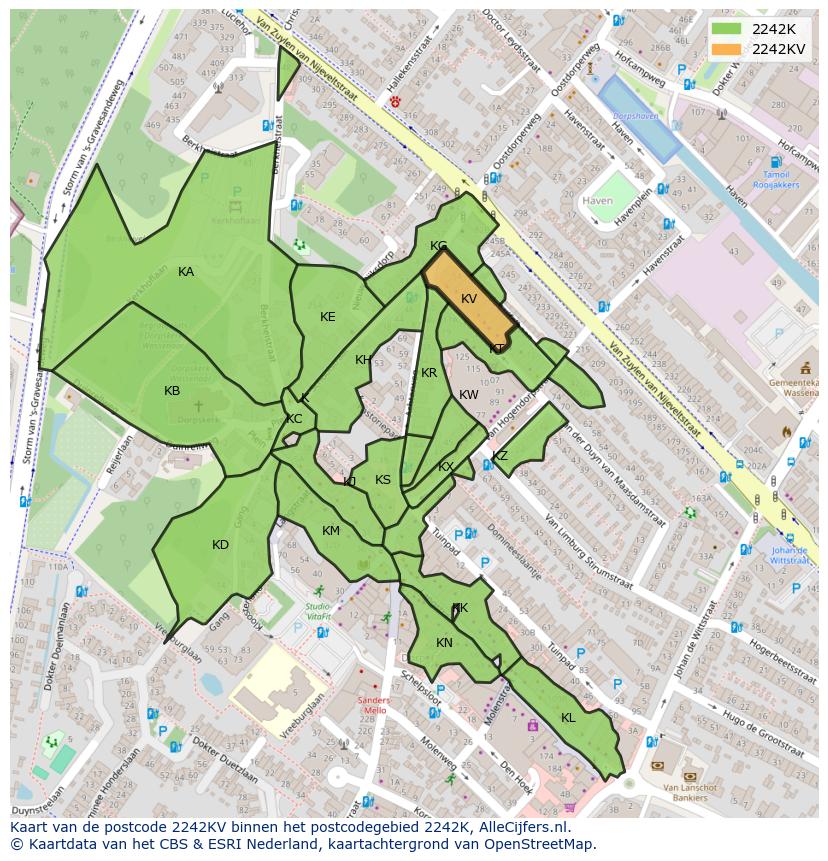 Afbeelding van het postcodegebied 2242 KV op de kaart.