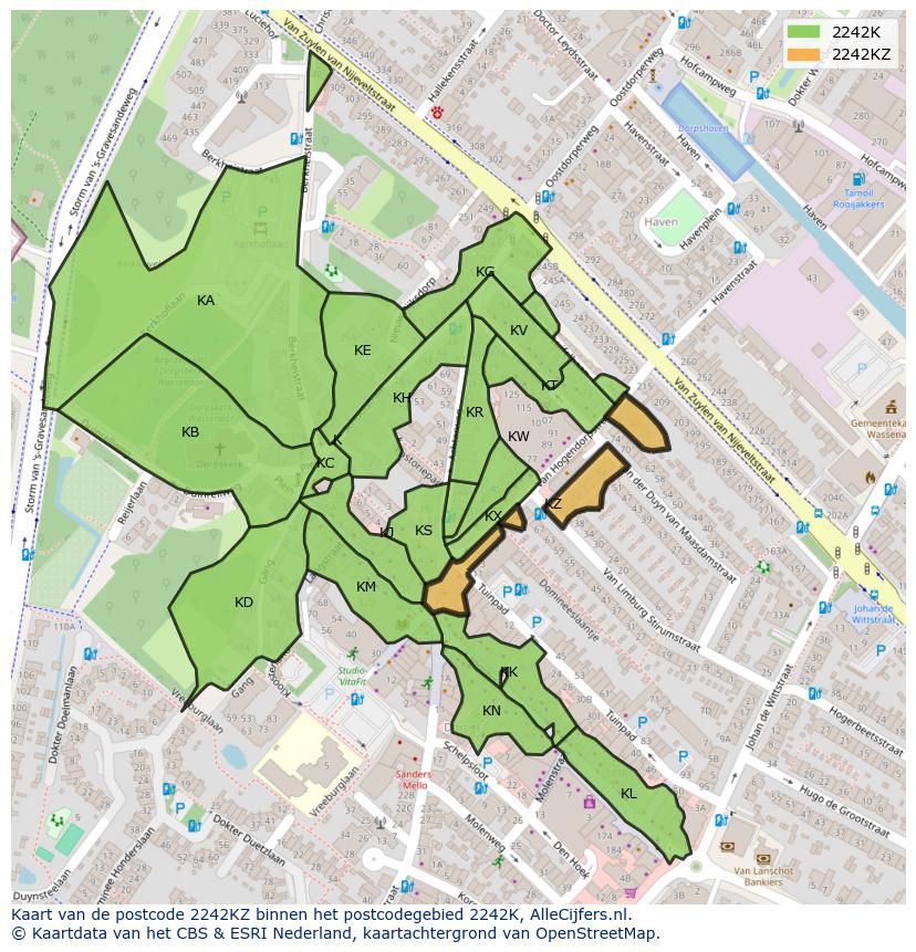 Afbeelding van het postcodegebied 2242 KZ op de kaart.