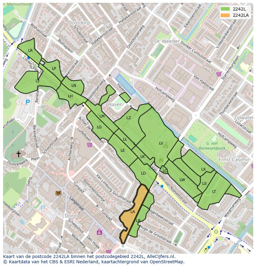 Afbeelding van het postcodegebied 2242 LA op de kaart.