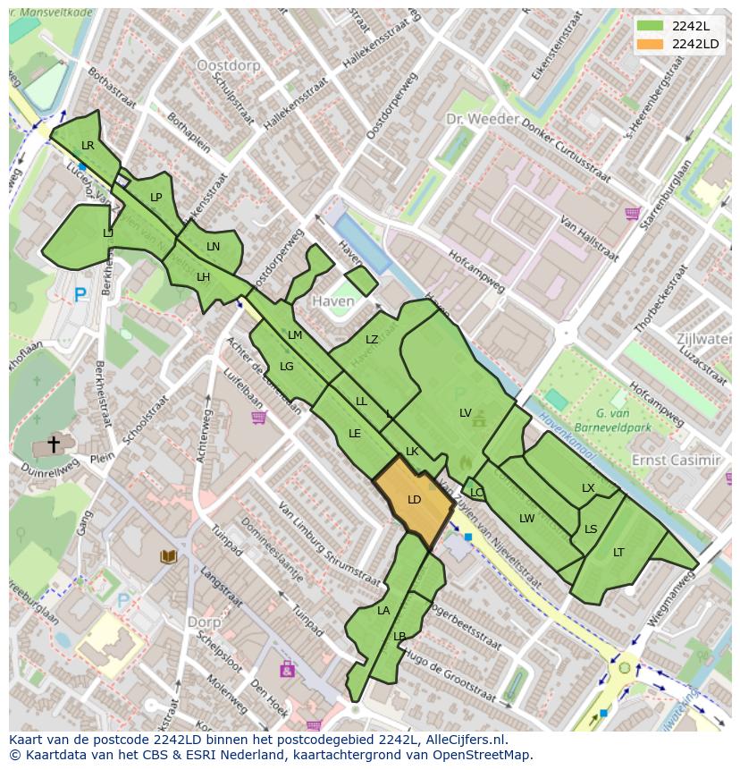 Afbeelding van het postcodegebied 2242 LD op de kaart.