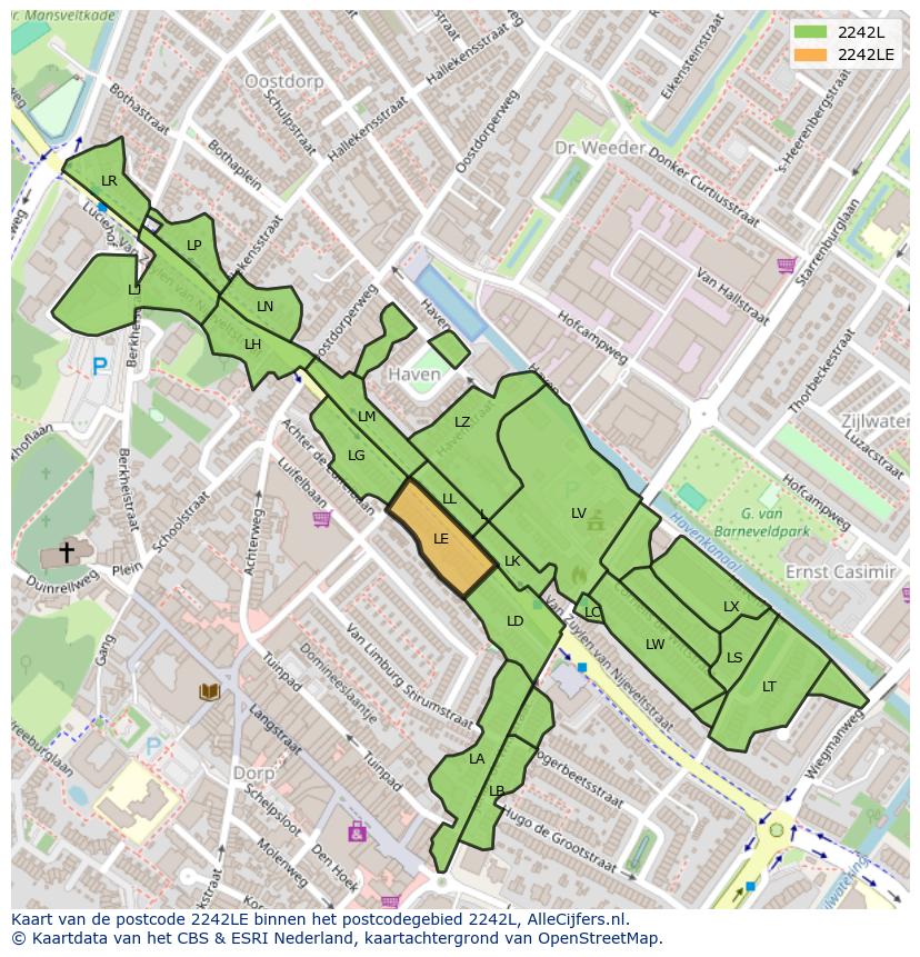 Afbeelding van het postcodegebied 2242 LE op de kaart.