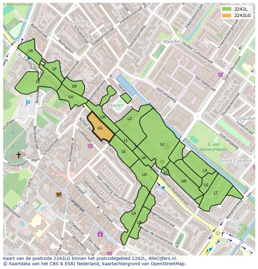 Afbeelding van het postcodegebied 2242 LG op de kaart.