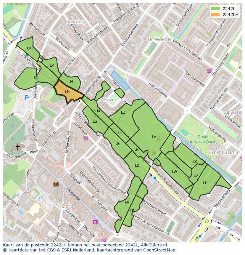 Afbeelding van het postcodegebied 2242 LH op de kaart.