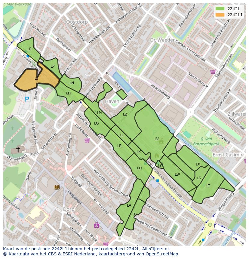 Afbeelding van het postcodegebied 2242 LJ op de kaart.