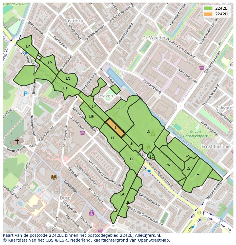 Afbeelding van het postcodegebied 2242 LL op de kaart.