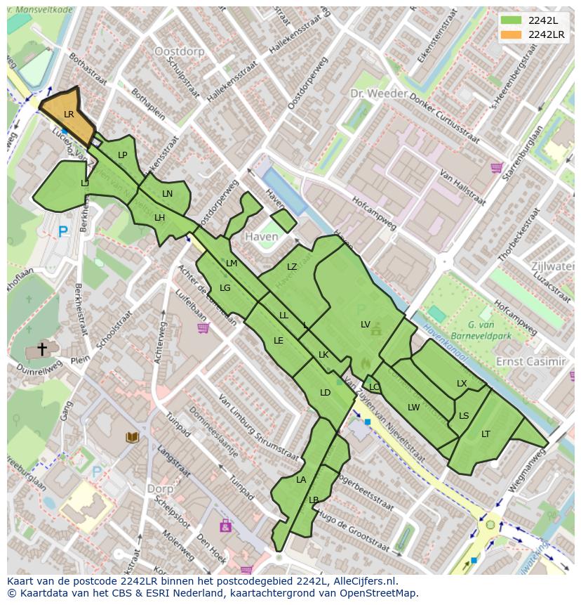 Afbeelding van het postcodegebied 2242 LR op de kaart.
