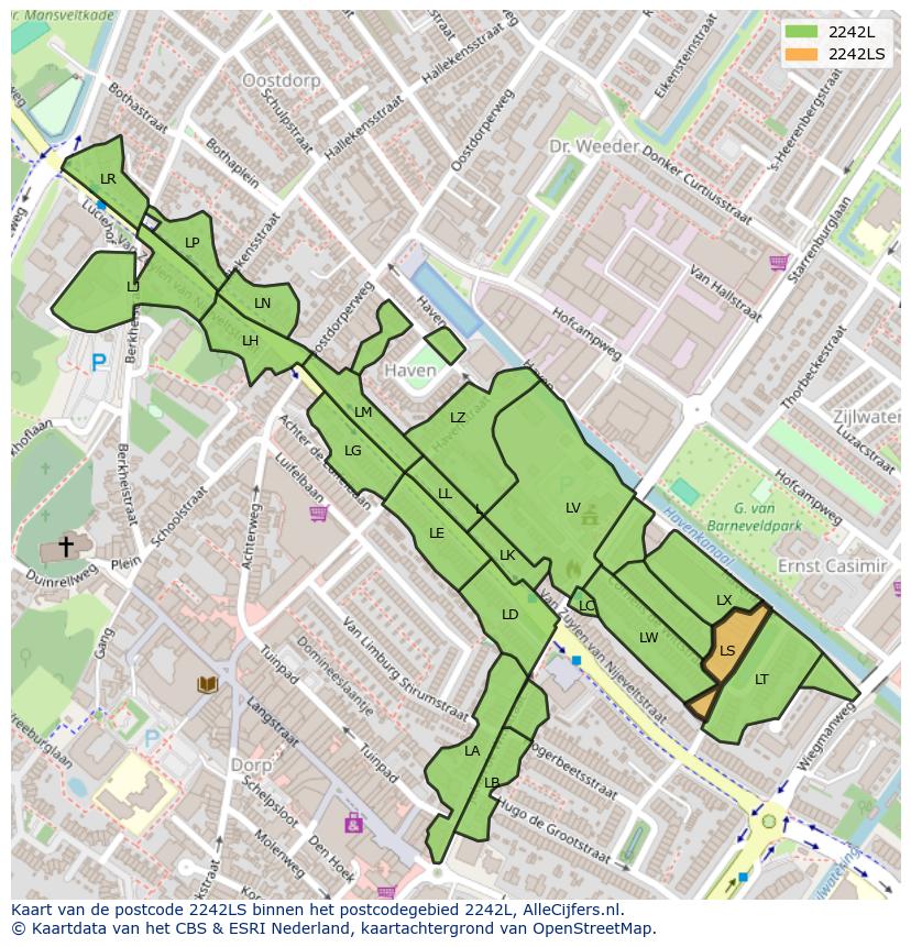 Afbeelding van het postcodegebied 2242 LS op de kaart.