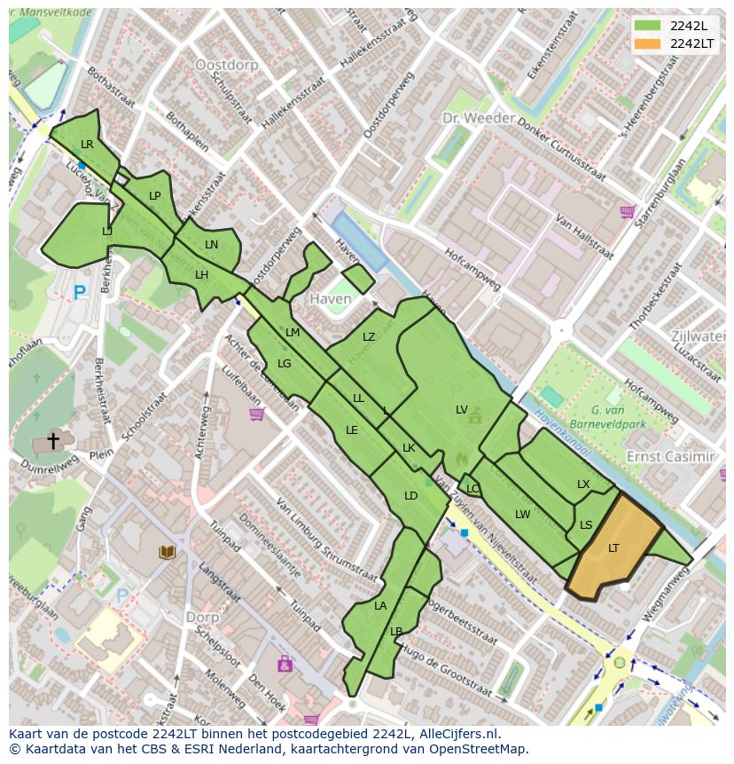 Afbeelding van het postcodegebied 2242 LT op de kaart.