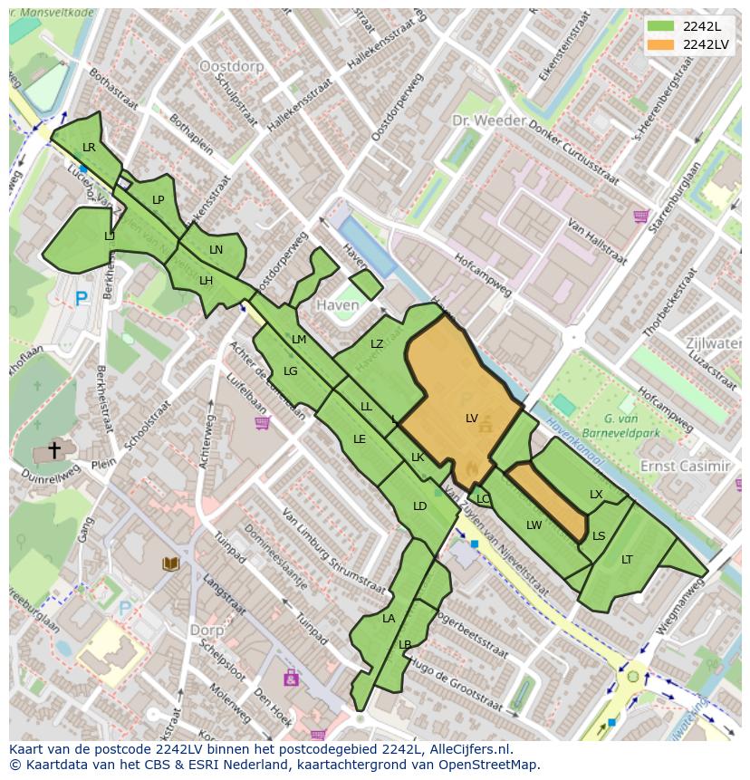 Afbeelding van het postcodegebied 2242 LV op de kaart.