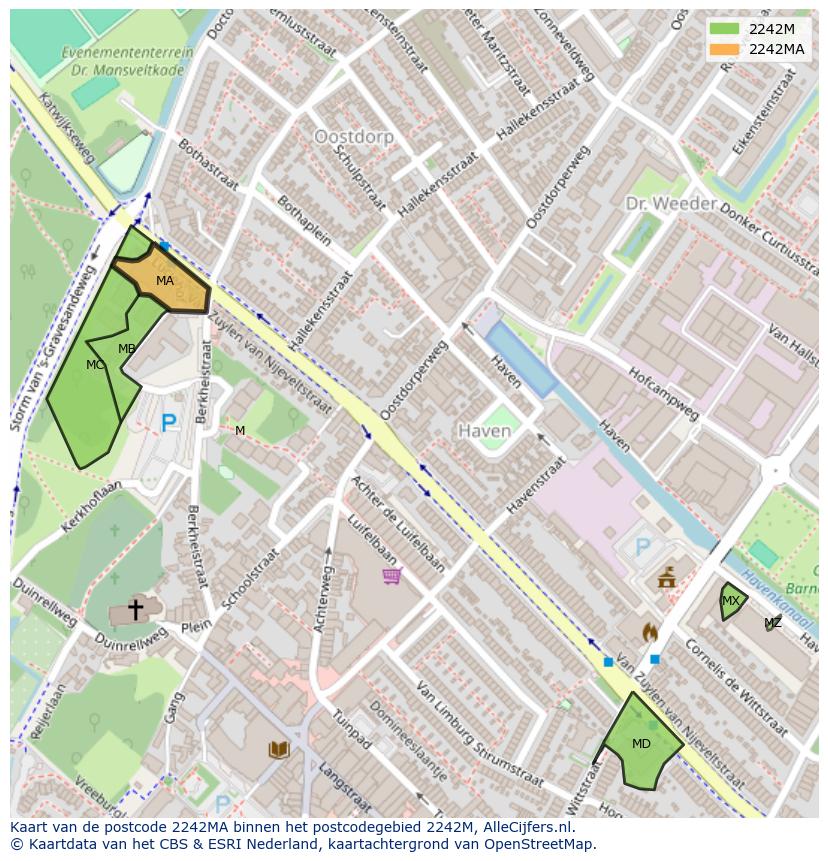 Afbeelding van het postcodegebied 2242 MA op de kaart.