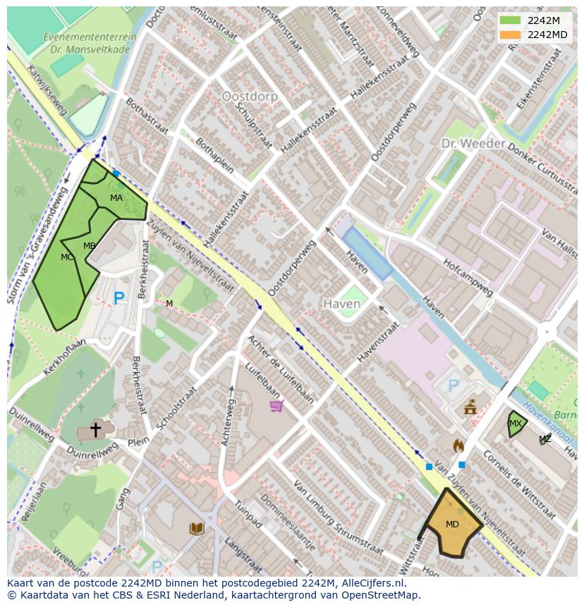 Afbeelding van het postcodegebied 2242 MD op de kaart.