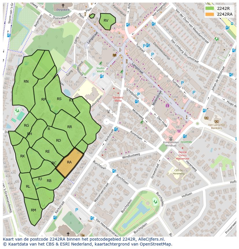 Afbeelding van het postcodegebied 2242 RA op de kaart.
