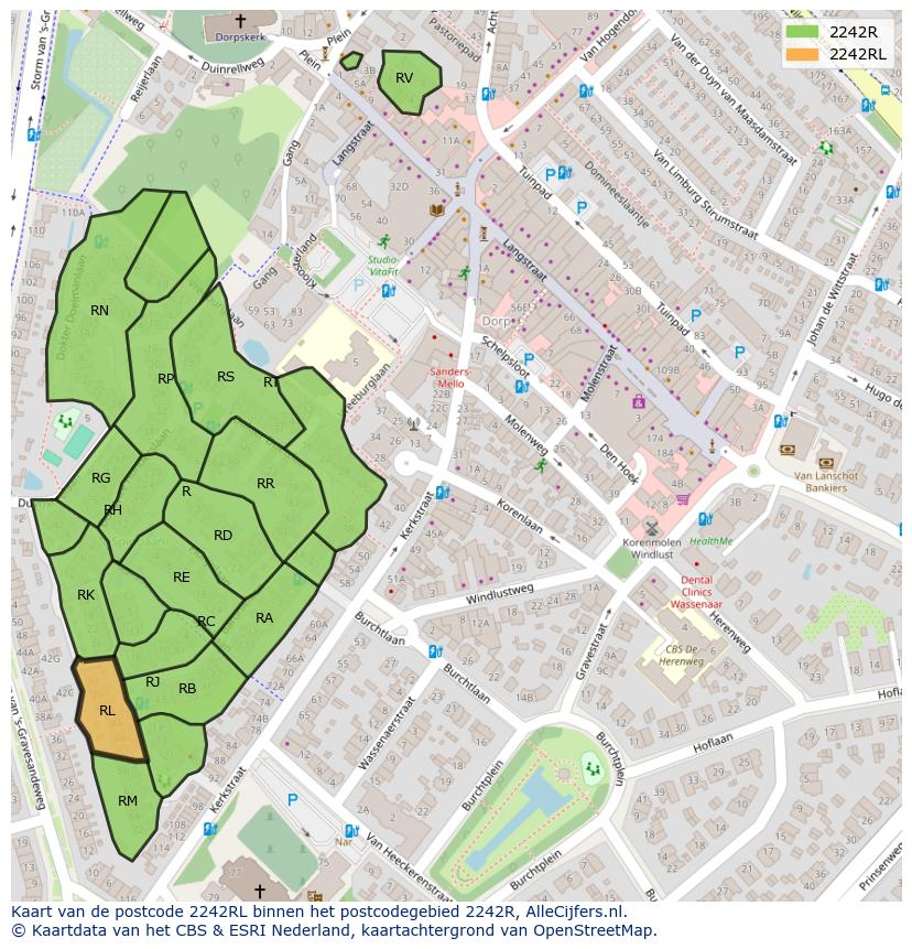 Afbeelding van het postcodegebied 2242 RL op de kaart.