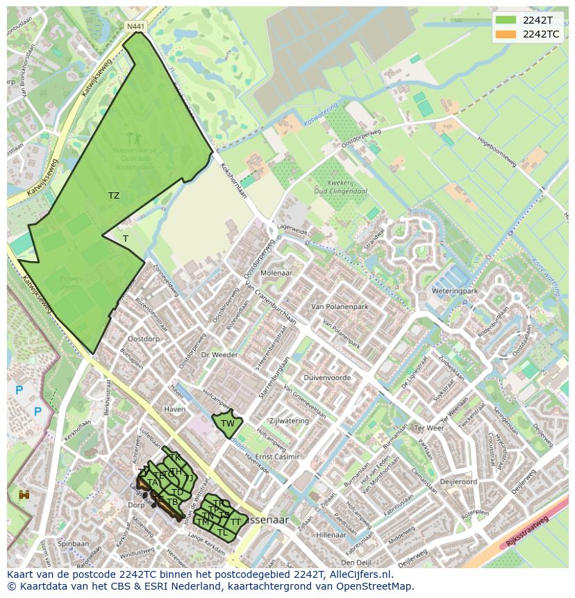 Afbeelding van het postcodegebied 2242 TC op de kaart.
