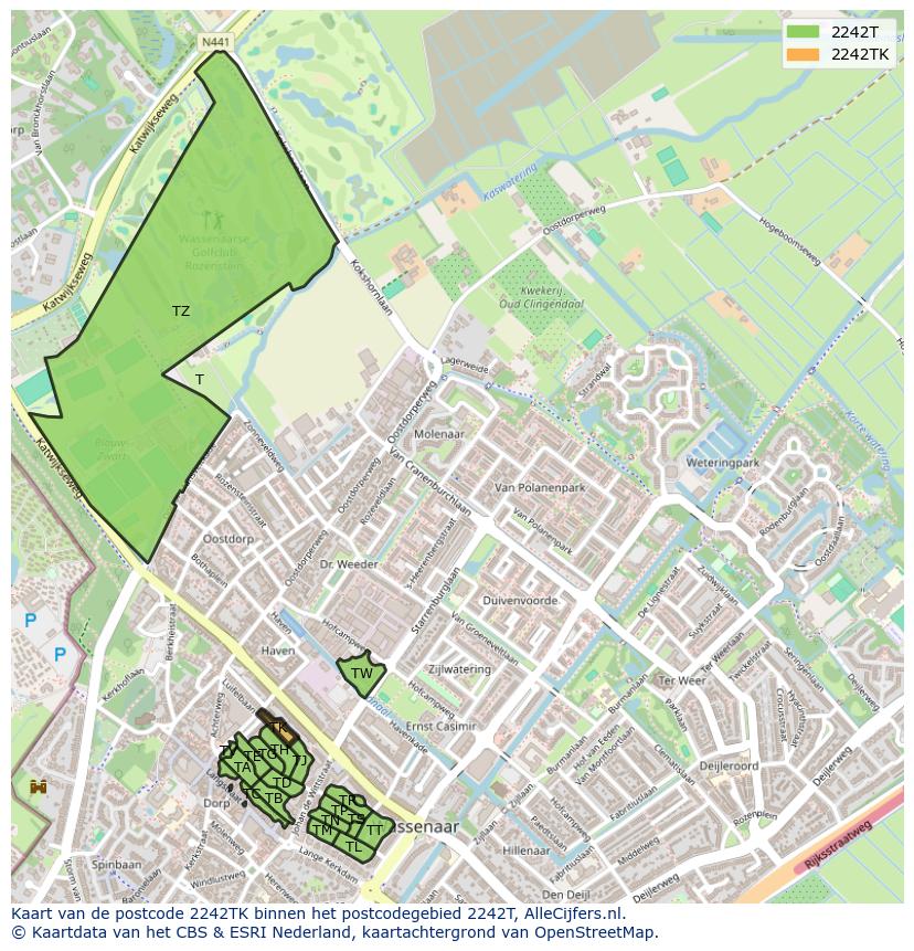 Afbeelding van het postcodegebied 2242 TK op de kaart.