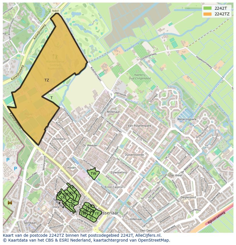 Afbeelding van het postcodegebied 2242 TZ op de kaart.