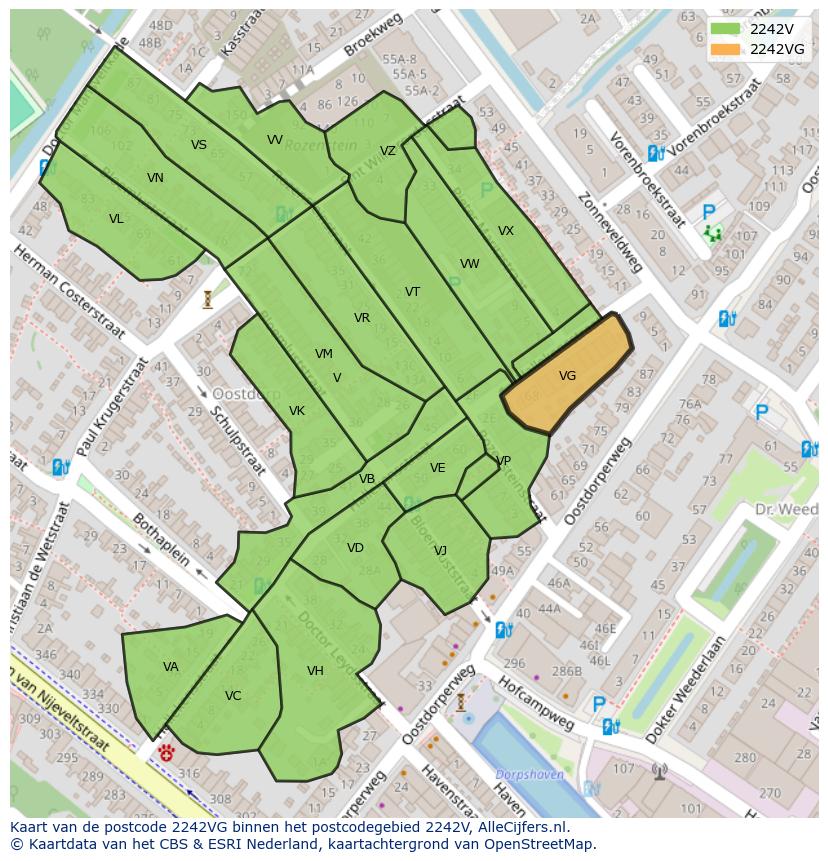 Afbeelding van het postcodegebied 2242 VG op de kaart.