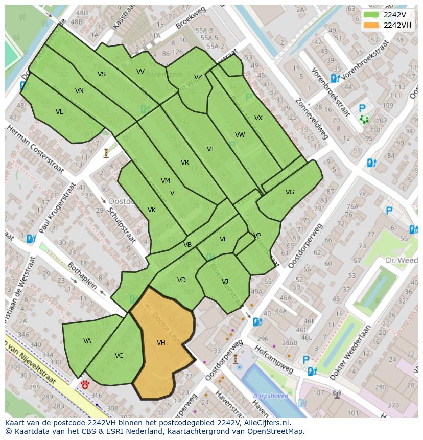 Afbeelding van het postcodegebied 2242 VH op de kaart.