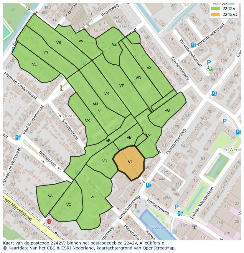 Afbeelding van het postcodegebied 2242 VJ op de kaart.