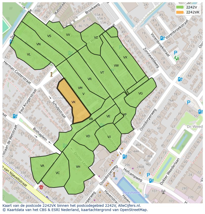 Afbeelding van het postcodegebied 2242 VK op de kaart.
