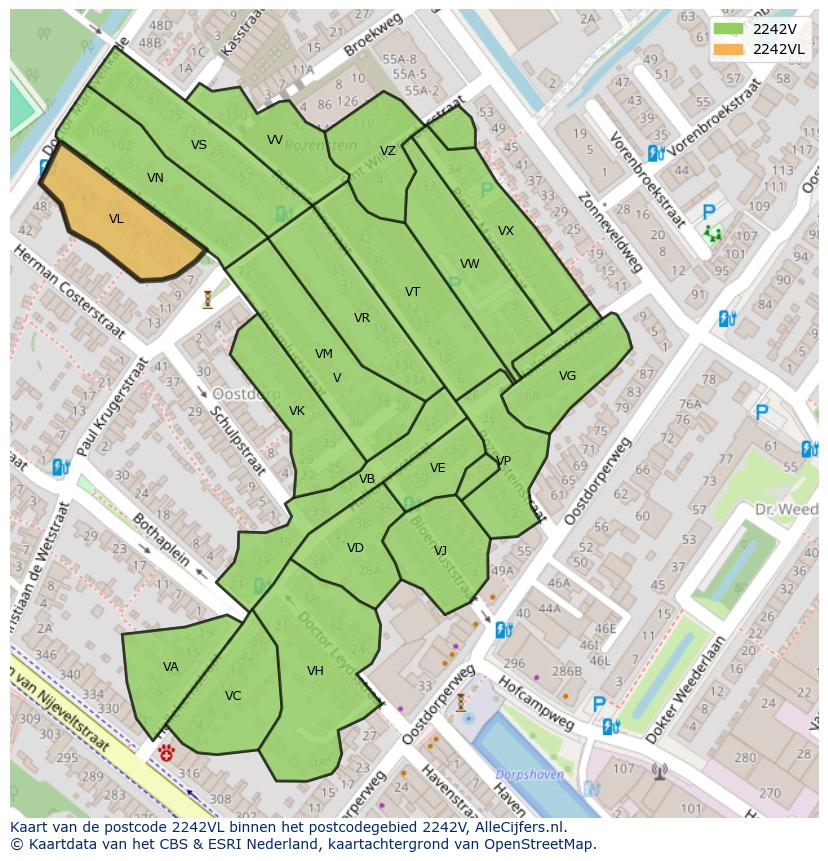 Afbeelding van het postcodegebied 2242 VL op de kaart.