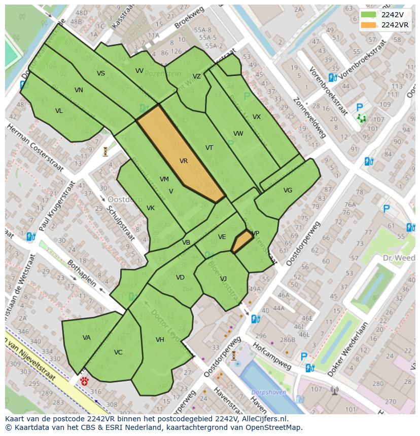 Afbeelding van het postcodegebied 2242 VR op de kaart.