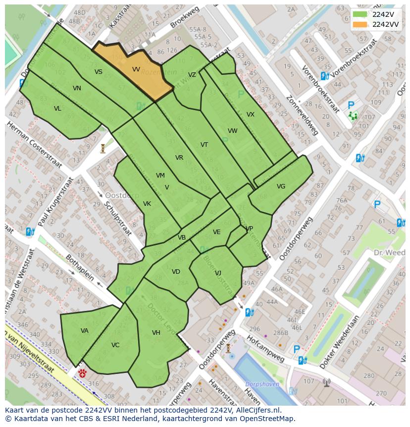 Afbeelding van het postcodegebied 2242 VV op de kaart.