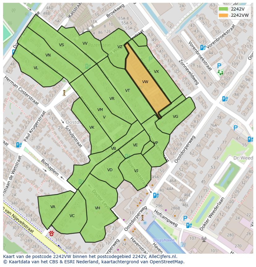 Afbeelding van het postcodegebied 2242 VW op de kaart.