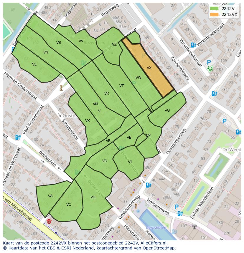 Afbeelding van het postcodegebied 2242 VX op de kaart.