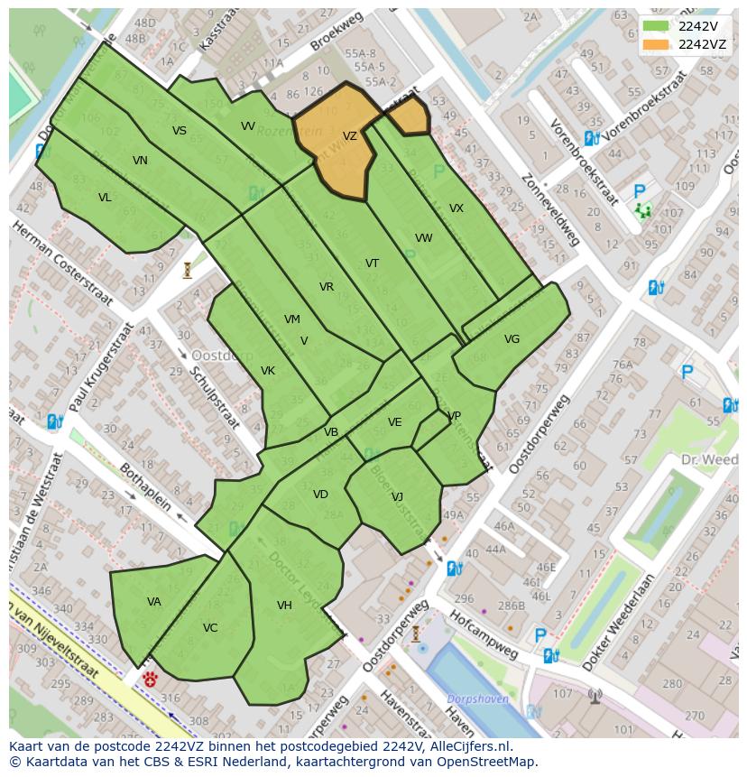 Afbeelding van het postcodegebied 2242 VZ op de kaart.