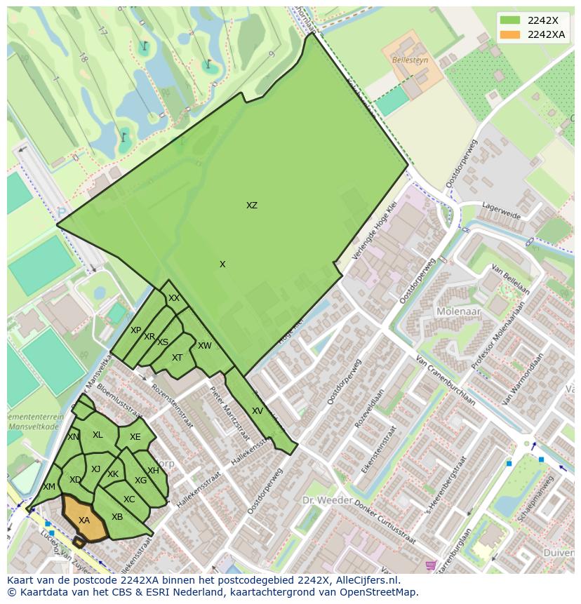 Afbeelding van het postcodegebied 2242 XA op de kaart.