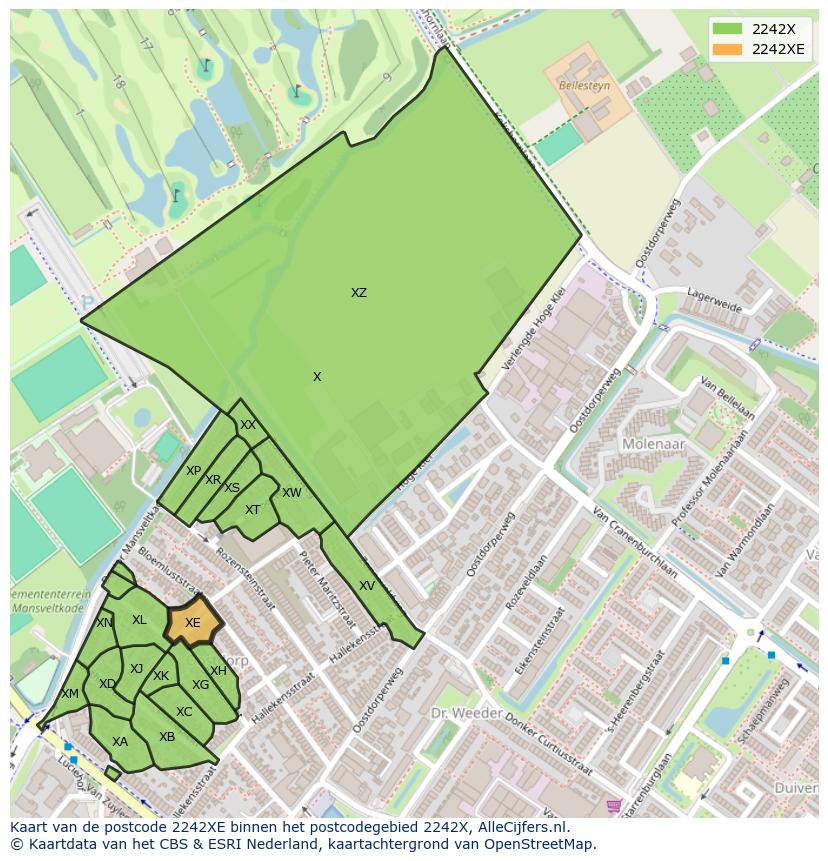 Afbeelding van het postcodegebied 2242 XE op de kaart.