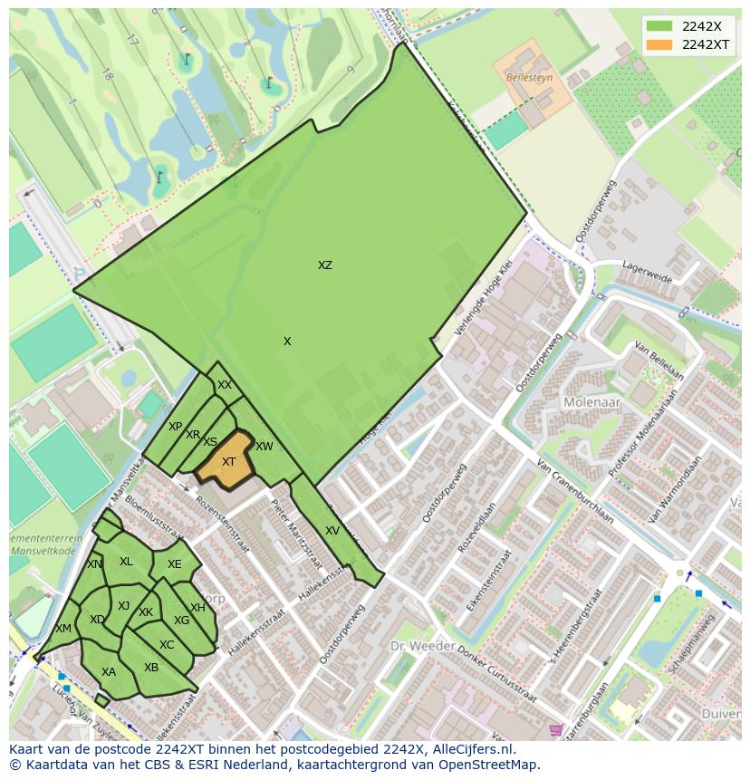 Afbeelding van het postcodegebied 2242 XT op de kaart.