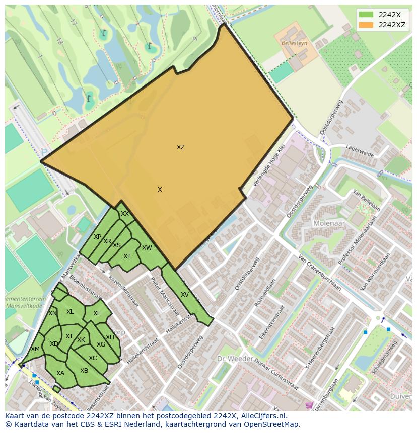Afbeelding van het postcodegebied 2242 XZ op de kaart.