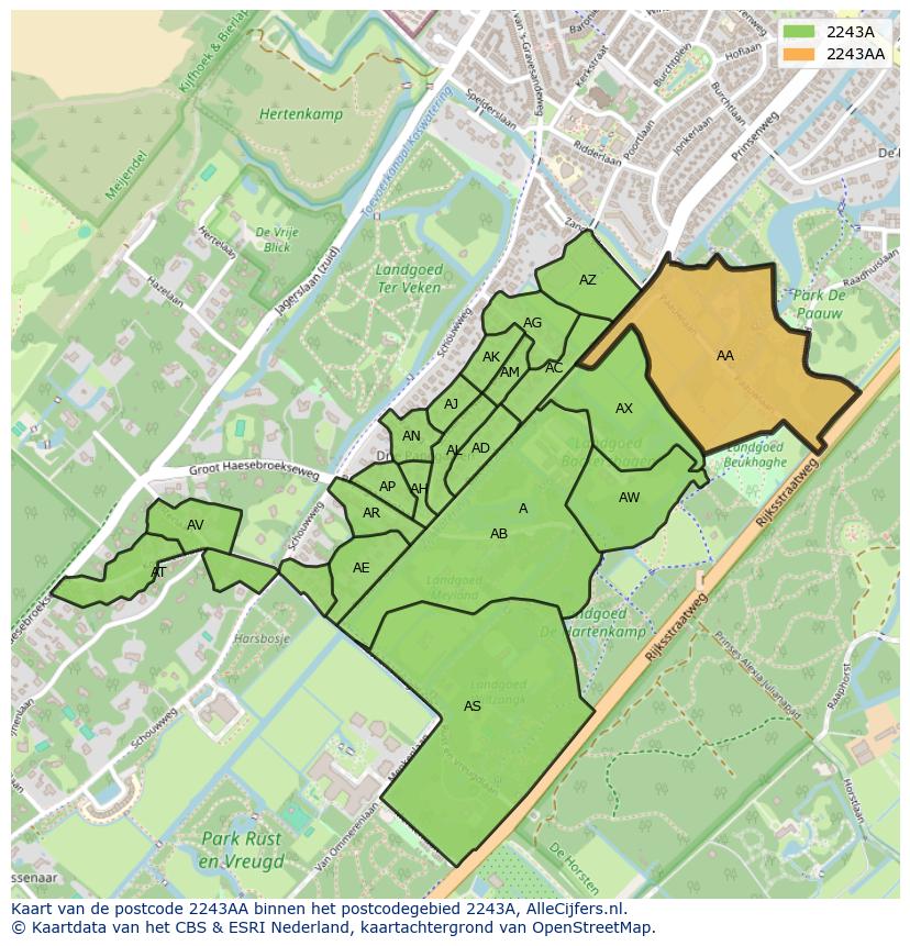 Afbeelding van het postcodegebied 2243 AA op de kaart.
